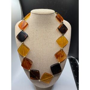 Amber Tortoise Resin Diamond Bead Statement Necklace Chunky Gold Tone 20-22 Inch